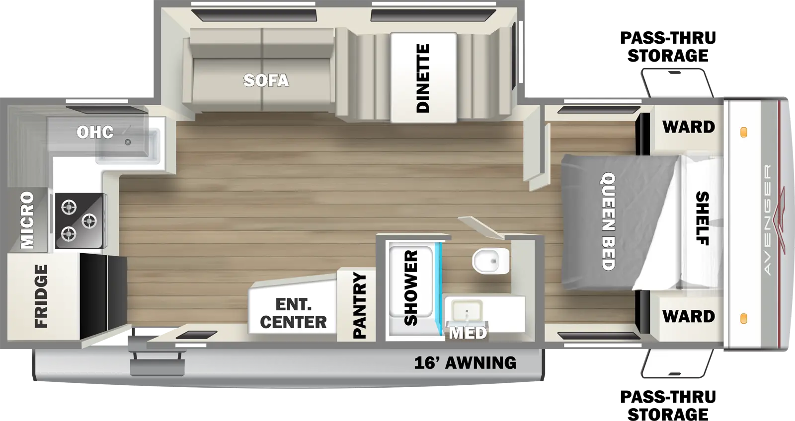 The 24RKSLE has one entry and one slideout. Exterior features front pass-thru storage, and 16 foot awning. Interior layout front to back: foot facing queen bed with shelf above and wardrobes on each side; off-door side slideout with dinette and sofa; door side full bathroom; door side pantry, entertainment center, and entry; rear kitchen with sink, overhead cabinet, microwave, cooktop and refrigerator.